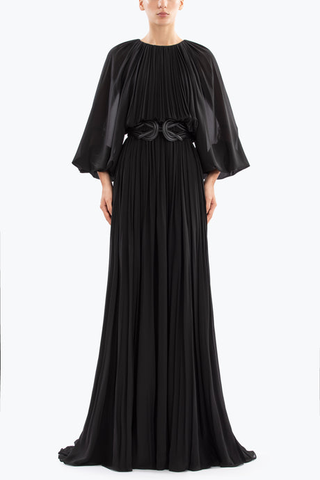 long black dress with flowy sleeves Tanya Ripple Flowy Maxi Dress Black M / Black