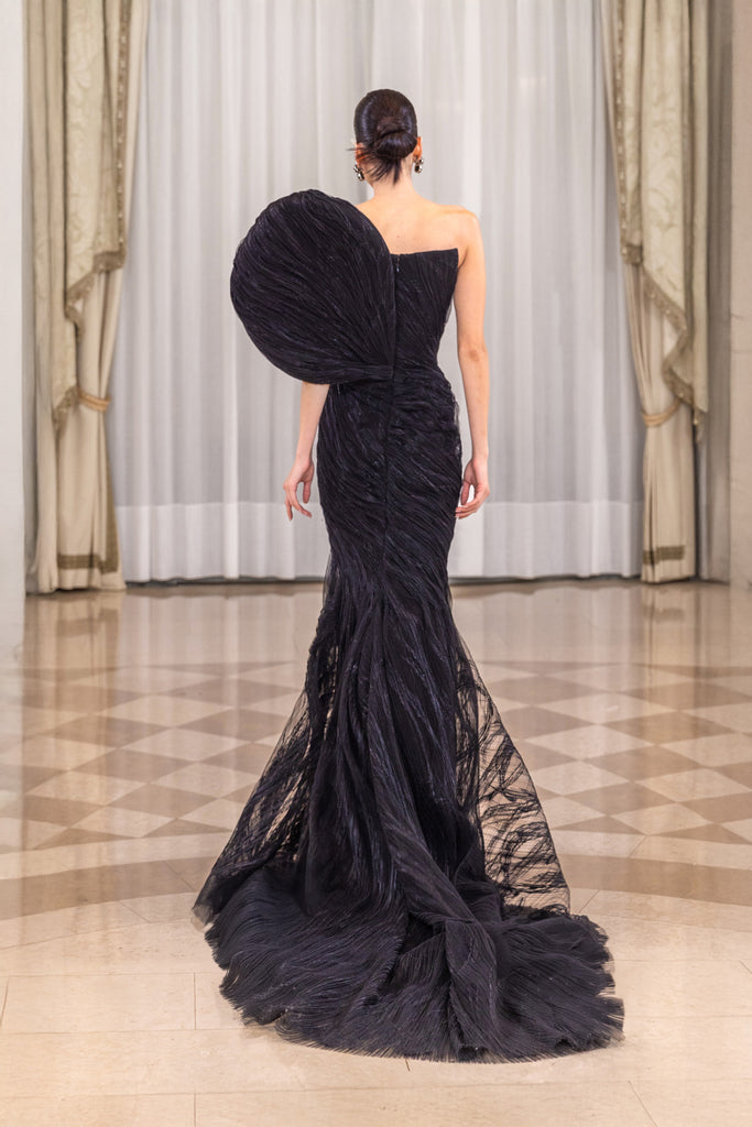 ブラック片肩フリルロングドレス　SAIID KOBEISY サイードコベイシー Double Satin Dress with Embellished Train – Saiid Kobeisy
