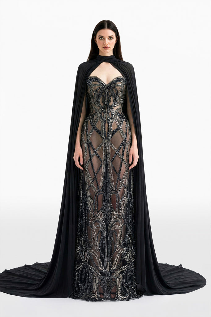 Crepe Pleated Dress With Embroidered Cape – Saiid Kobeisy Online