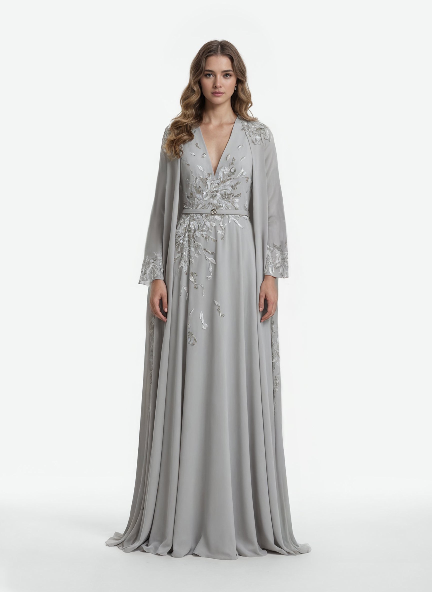 Plunging V-Neck Dress With Embroidered Cape – Saiid Kobeisy