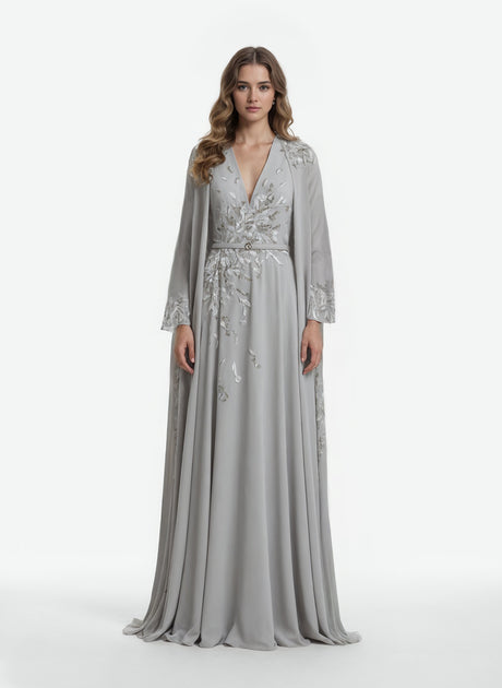 Plunging V-Neck Dress With Embroidered Cape – Saiid Kobeisy