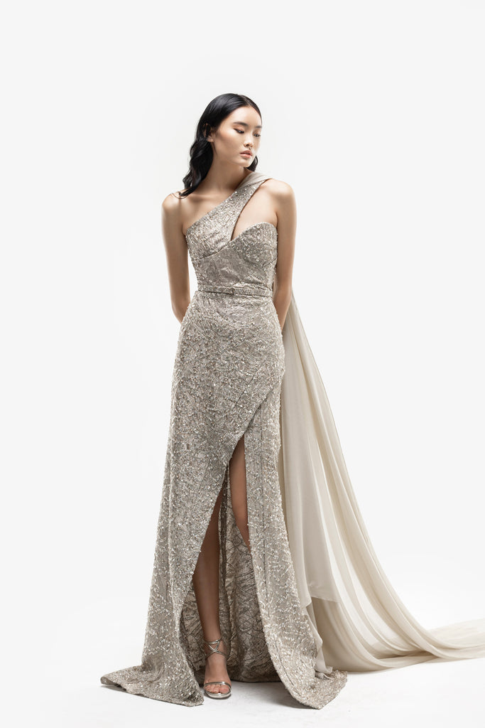 gold and silver brocade dress Off Shoulder Gold Floral Brocade Gown With Peplum Detail 47052