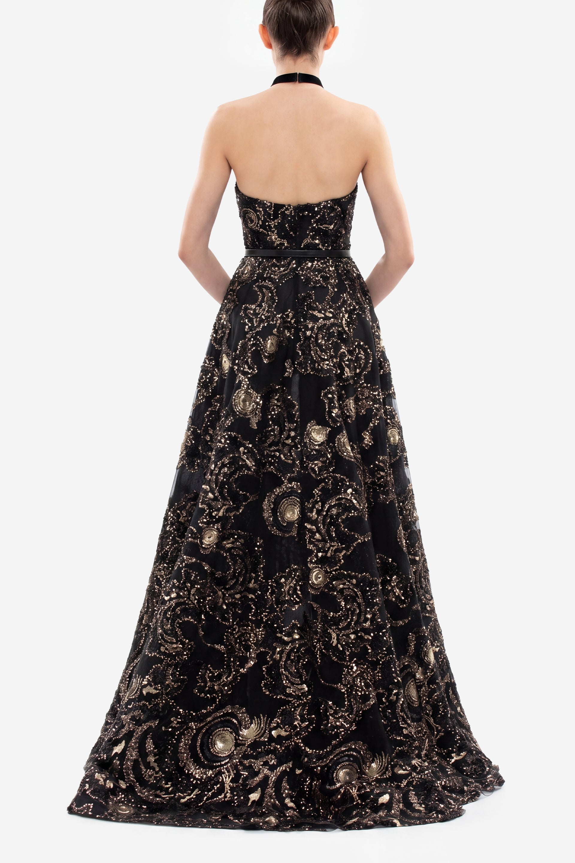 black and gold embroidered maxi dress Black Floral Embellished Gown with Gold Detailing and Long Sleeves  My  Store