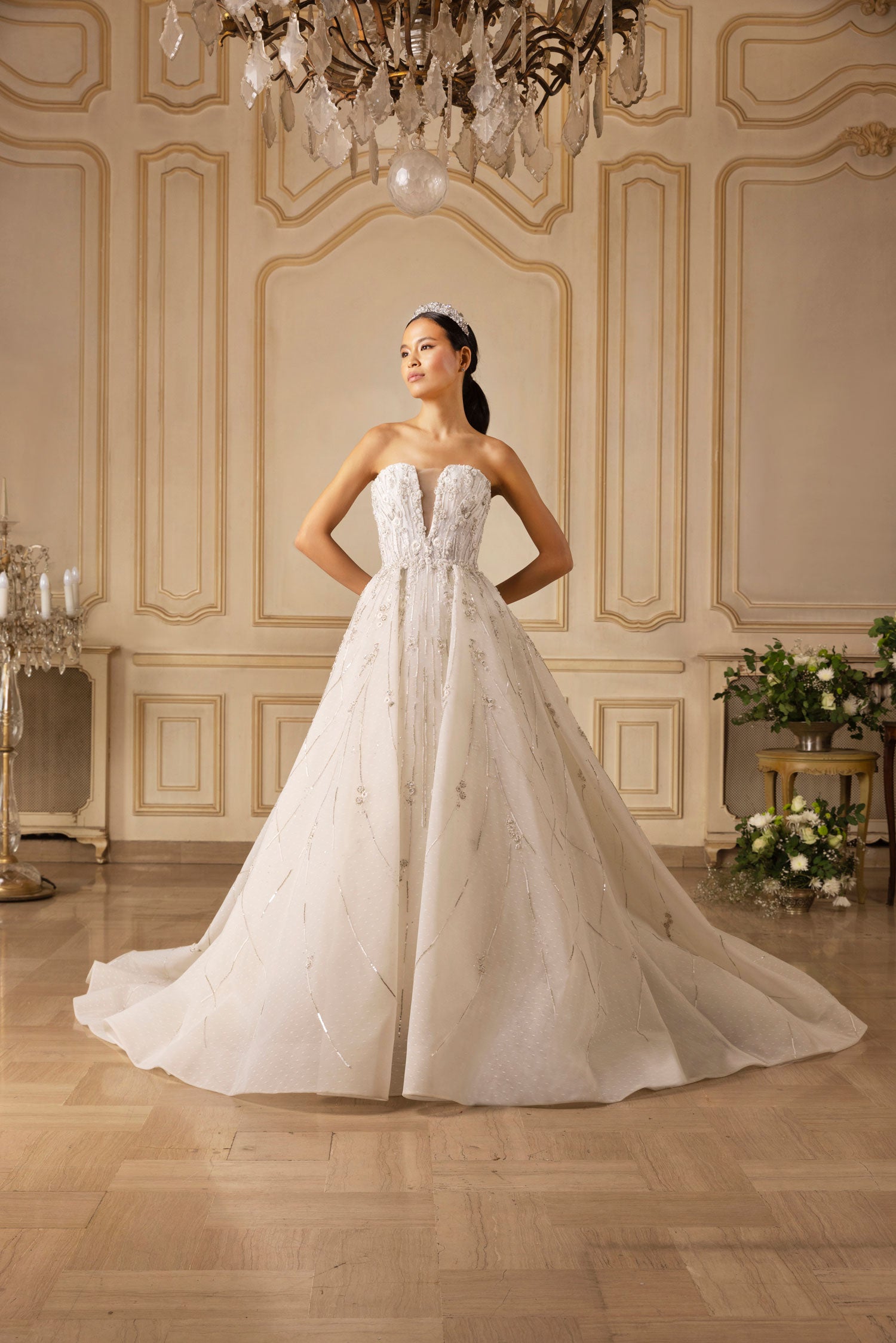 white beaded strapless dress Tressa White Beaded Mesh Strapless Mini Wedding Dress XS / 2