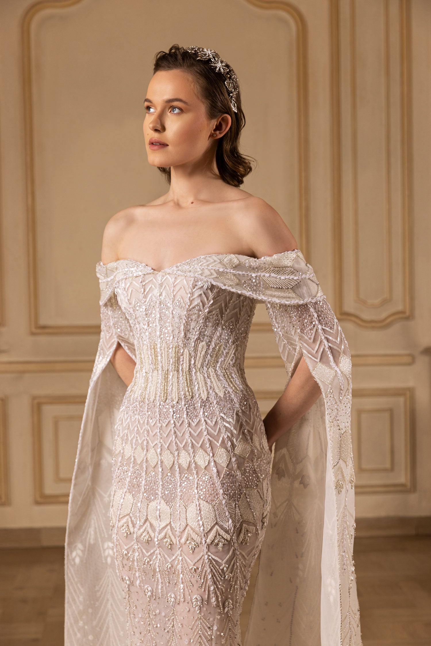 Off-shoulder beaded fitted dress Saiid Kobeisy Online Off-shoulder beaded fitted dress Saiid Kobeisy Online