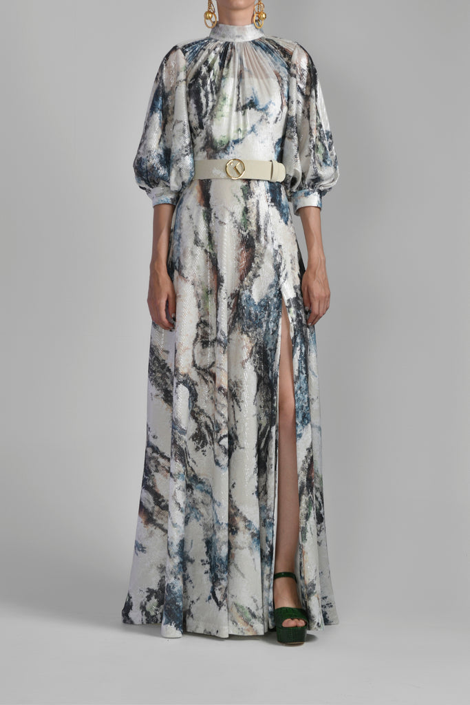 printed sequin dress City Vibe Floral Printed Sequin Pleated Twist Keyhole Front Slim Long Dress