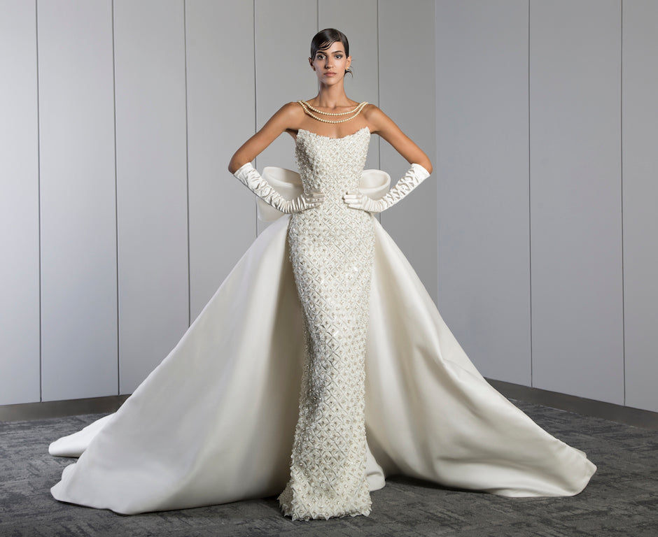 Fully beaded long dress with satin over skirt and a bow on the back Saiid Kobeisy Online Fully beaded long dress with satin over skirt and a bow on the back Saiid Kobeisy Online